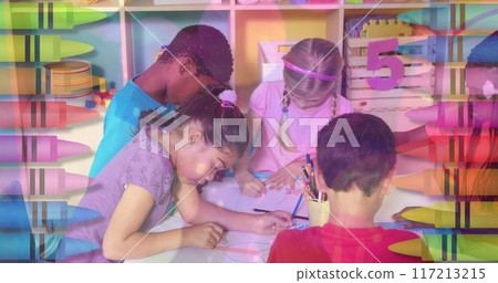 Image of falling school supplies over diverse school kids in class at school Image of falling school supplies over diverse school kids in class at school 117213215
