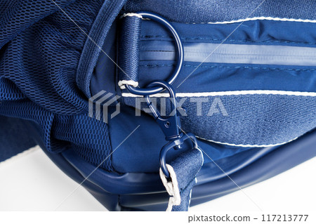 Snap carabiner on sturdy plastic loop of a blue sporty hiking bag 117213777
