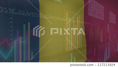 Belgium flag and line charts image over financial data graphs 117213924