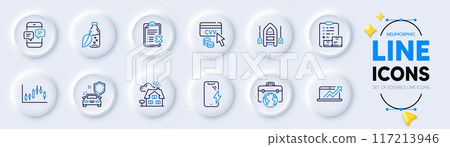 Candlestick graph, Reject checklist and Smartphone charging line icons for web app. Pack of Boat, Realtor, Sales diagram pictogram icons. Water bottle, Businessman case, Car secure signs. Vector 117213946