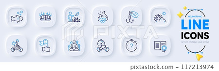 Fishing lure, Mountain bike and Cardio training line icons for web app. Pack of Yoga, Delivery bike, Arena stadium pictogram icons. Leadership, Fish, Diploma signs. Quiz. Fish bait. Vector 117213974