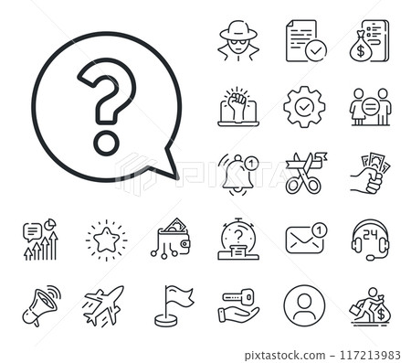 Help speech bubble sign. Salaryman, gender equality and alert bell outline icons. Question mark line icon. FAQ symbol. Question mark line sign. Spy or profile placeholder icon. Vector 117213983