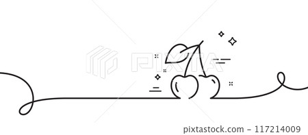 Cherry line icon. Continuous one line with curl. Fruit food sign. Diet nutrition symbol. Cherry single outline ribbon. Loop curve pattern. Vector Cherry line icon. Continuous one line with curl. Fruit food sign. Diet nutrition symbol. Cherry single outline ribbon. Loop curve pattern. Vector 117214009