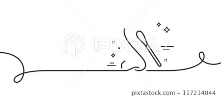 Nasal swab test line icon. Continuous one line with curl. Nose with cotton swab sign. Coronavirus testing symbol. Nasal test single outline ribbon. Loop curve pattern. Vector 117214044