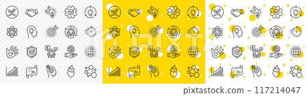 Integrity, Target purpose and Strategy. Core values line icons. Trust handshake, social responsibility, commitment goal icons. Growth chart, innovation, core values network. Vector 117214047