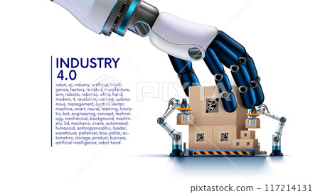 AI management work robots on factory or warehouse. AI in image Humanoid robot arm or hand puts boxes on pallets. AI controls robotic arms on manufacture. Industry 4.0. AI industry technology concept. 117214131