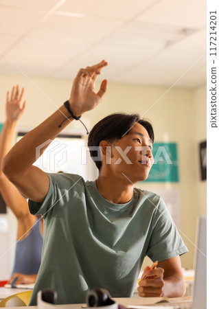 In high school, teenage boy raising hand in classroom, participating in lesson In high school, teenage boy raising hand in classroom, participating in lesson 117214201