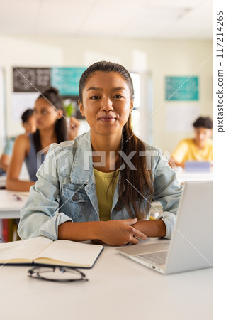 In high school, teenage girl sitting at desk with laptop and notebook, smiling 117214265