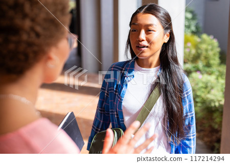 Talking with friend, teenage girl holding backpack and notebook at high school Talking with friend, teenage girl holding backpack and notebook at high school 117214294