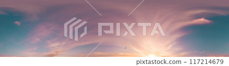 360 panorama of glowing sunset sky with bright pink Cumulus clouds. HDR 360 seamless spherical panorama. Full zenith or sky dome sky replacement for aerial drone panoramas. Climate and weather change. 117214679