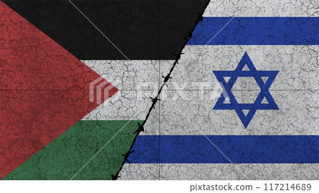 Israel against Palestine, the flags of the two countries painted on a concrete wall separated by barbed wire 117214689