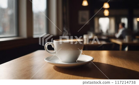 Cafe hot cup of coffee on a saucer on a dark background, casting a thin shadow. Bokeh in the background. Cafe hot cup of coffee on a saucer on a dark background, casting a thin shadow. Bokeh in the background. 117214738