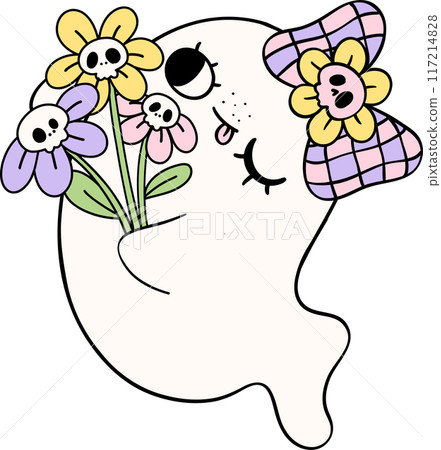 Cute Pastel Halloween Floral Ghost Groovy Retro Cartoon Character Girly Coquette Flower Doodle Cute Pastel Halloween Floral Ghost Groovy Retro Cartoon Character Girly Coquette Flower Doodle 117214828