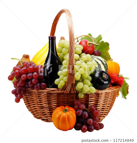 Isolated Cornucopia Filled with a Variety of Colorful Fruits. 117214849