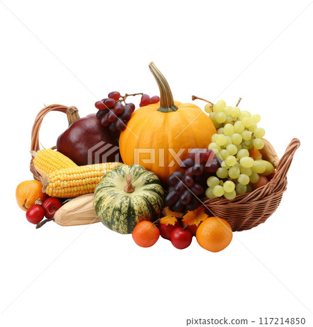 Colorful Cornucopia Filled with Various Fruits and Vegetables Isolated Without Background 117214850