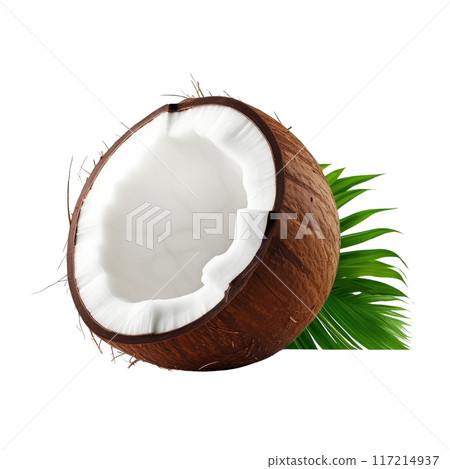 Isolated Coconut Half with Green Palm Leaf, No Background 117214937