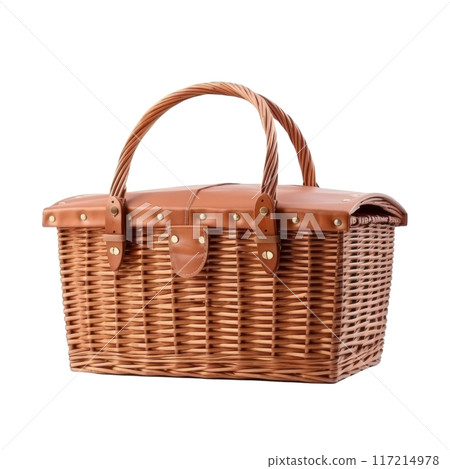 Isolated Wooden Picnic Basket with Leather Lid and Handles. Isolated Wooden Picnic Basket with Leather Lid and Handles. 117214978