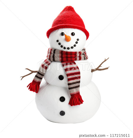 Cheerful Snowman Decorated with Red Hat and Scarf, Isolated Without Background. 117215011