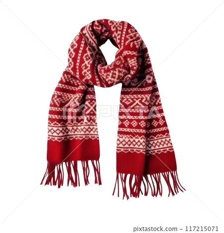 Red Winter Scarf with Pattern and Fringes Isolated without Background. Red Winter Scarf with Pattern and Fringes Isolated without Background. 117215071