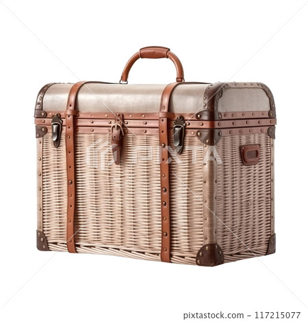 Isolated Wicker Hamper with Leather Straps and Handle, No Background 117215077