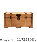 Isolated Wooden Storage Box with Metal Clasp and Rustic Design. 117215081