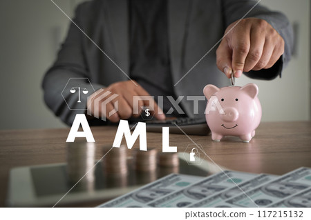 Anti Money Laundering (AML) Businessman judge in office with finance money crime Anti money laundering financial bank currency 117215132