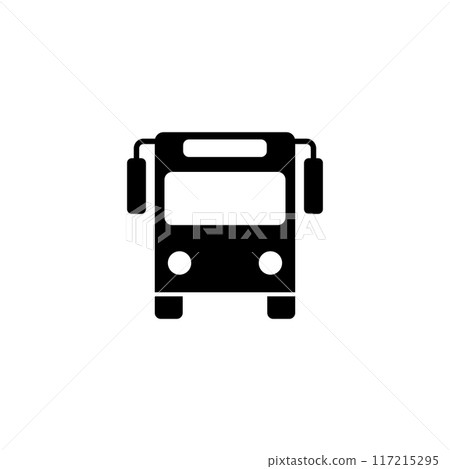 Black vector icon depicting a front-facing bus, ideal for use in city transportation and travel-related designs Black vector icon depicting a front-facing bus, ideal for use in city transportation and travel-related designs 117215295