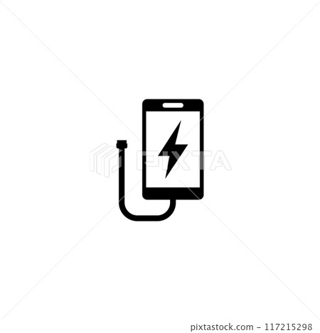Minimalist black and white icon of a mobile phone charging, featuring a power symbol and a cable Minimalist black and white icon of a mobile phone charging, featuring a power symbol and a cable 117215298