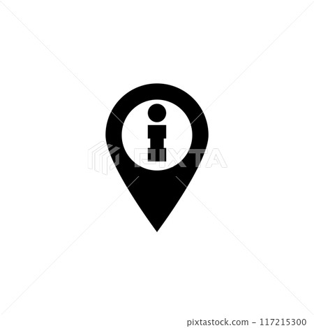 Black vector icon depicting an information symbol inside a map pin, ideal for use in digital maps, navigation apps, and location-based services 117215300