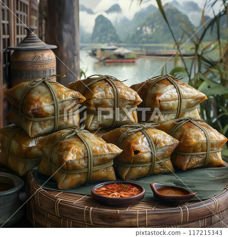 Traditional Zongzi Celebrations During Dragon Boat Festival With Scenic View. Generative AI Traditional Zongzi Celebrations During Dragon Boat Festival With Scenic View. Generative AI 117215343