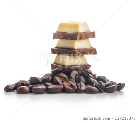 White light dark chocolate bars and coffee beans isolated on white background. White light dark chocolate bars and coffee beans isolated on white background. 117215375