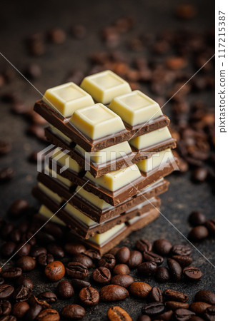 White light dark chocolate bars and coffee beans on black table. 117215387