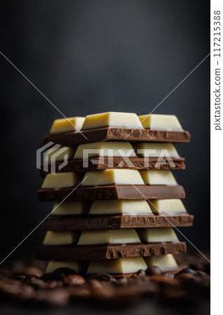 White light dark chocolate bars and coffee beans on black table. White light dark chocolate bars and coffee beans on black table. 117215388
