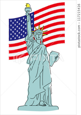 自由女神像和美利堅合眾國國旗的插圖，手繪觸摸，白色背景向量數據 117215416
