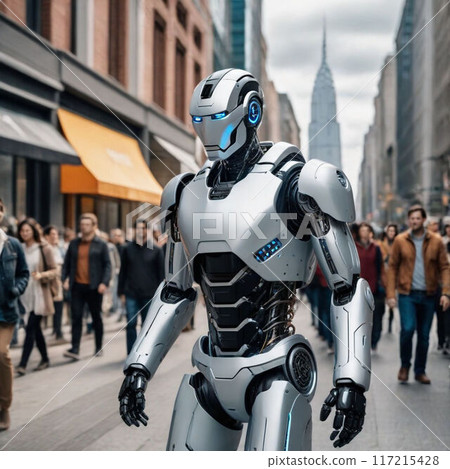 A humanoid robot walks among the crowd on a city street, interacting with people in a busy urban atmosphere A humanoid robot walks among the crowd on a city street, interacting with people in a busy urban atmosphere 117215428