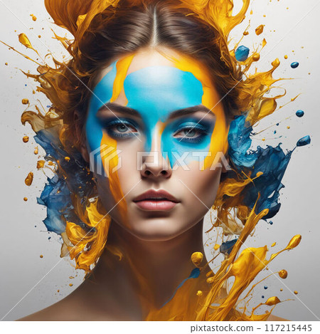 The colorful portrait of a girl with a brightly painted face in blue and yellow colors symbolizing the Ukrainian flag conveys the spirit of patriotism and national identity. The colorful portrait of a girl with a brightly painted face in blue and yellow colors symbolizing the Ukrainian flag conveys the spirit of patriotism and national identity. 117215445