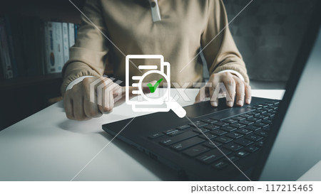 Quality assurance by businesswoman showing the symbol of top service, excellent warranty, world standard, ISO certification, development and improve the quality of the organization concept 117215465