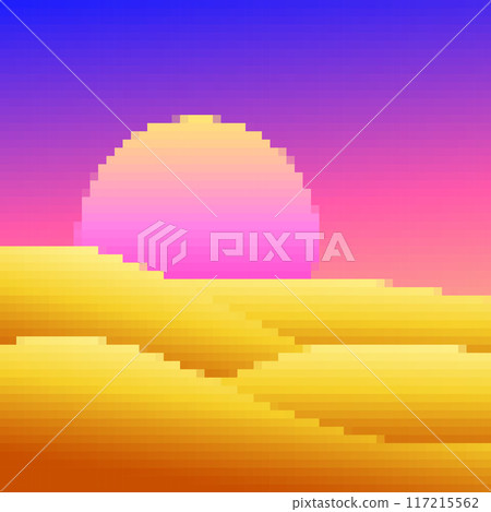 Desert landscape in pixel art style. Sun over sand dunes in the style of 8-bit retro graphics of the 80s and 90s. Pixel desert landscape. Design for printing banners and posters. Vector illustration 117215562