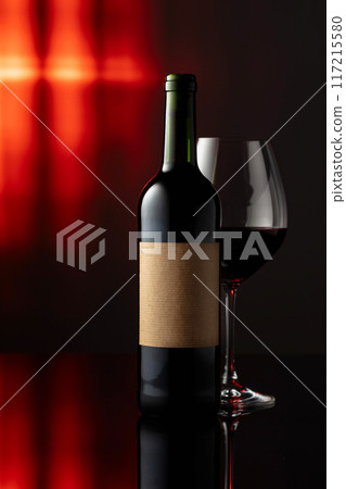 Bottle of red wine with old empty label. 117215580