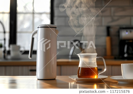 The morning ritual of brewing fresh tea in the cozy setting of the kitchen The morning ritual of brewing fresh tea in the cozy setting of the kitchen 117215876