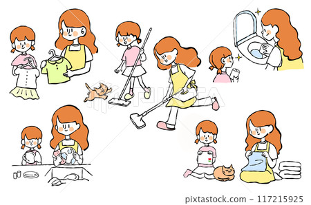 Illustration set of parents and children doing housework Illustration set of parents and children doing housework 117215925