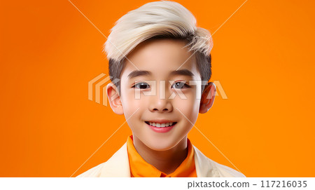 Portrait of a cute handsome happy Asian boy child blond with white hair and perfect skin, orange background, banner. 117216035