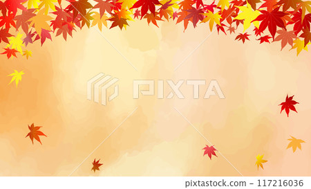 水彩向量插畫背景與秋葉圖像，16:9，複製空間，框架，模板 117216036