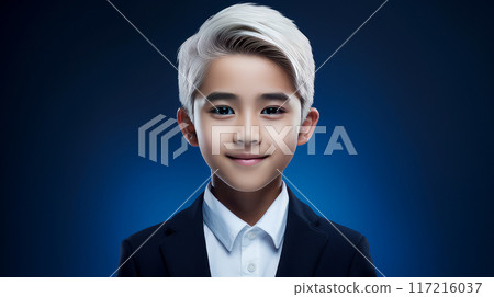 Portrait of a cute handsome happy Asian boy child blond with white hair and perfect skin, dark blue background, banner. 117216037
