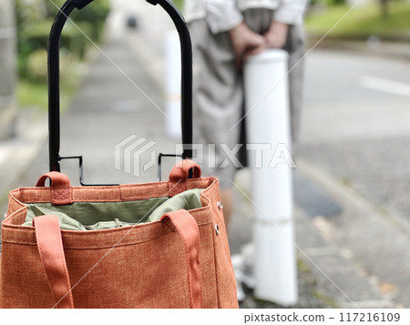 Rear view of an elderly woman leaning against a pole behind a shopping cart Rear view of an elderly woman leaning against a pole behind a shopping cart 117216109