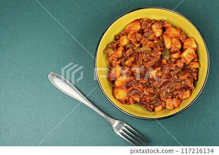 Roast potatoes and ground turkey. Roast potatoes and ground turkey. 117216134