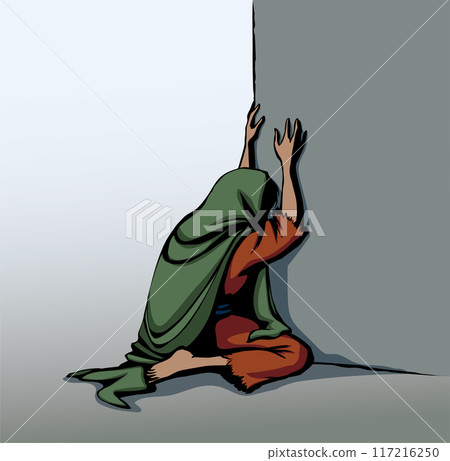 Vector drawing. Woman crying at the wall 117216250