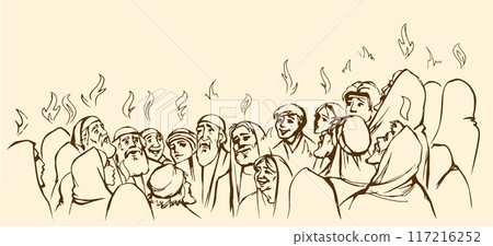 Vector drawing. Pentecost day. Many people came together for praying 117216252