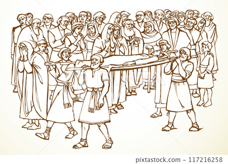 Vector drawing. Funeral of the son of a widow Vector drawing. Funeral of the son of a widow 117216258