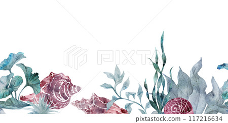 Watercolor and ink hand drawn marine life, sea ocean underwater creatures. fish, shells algae seaweed. Seamless banner illustration, stylized, isolated on white. For zoo shop, aquarium, fabric decor Watercolor and ink hand drawn marine life, sea ocean underwater creatures. fish, shells algae seaweed. Seamless banner illustration, stylized, isolated on white. For zoo shop, aquarium, fabric decor 117216634
